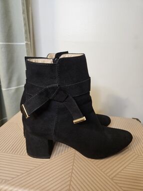 Avon Cushion Walk Black Suede Ankle Boots Block Heel Tie Gold Accent
